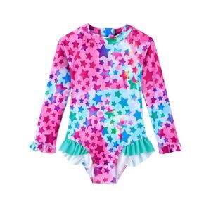 Girls One Piece Swimsuit Long Sleeve UPF 50+ Sun Ruffle Zipper Size Medium